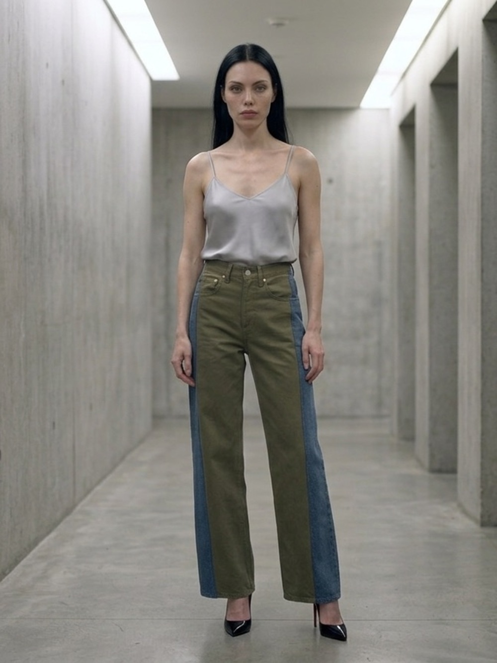 Reworked Two tone green and blue panel high rise wide leg jeans